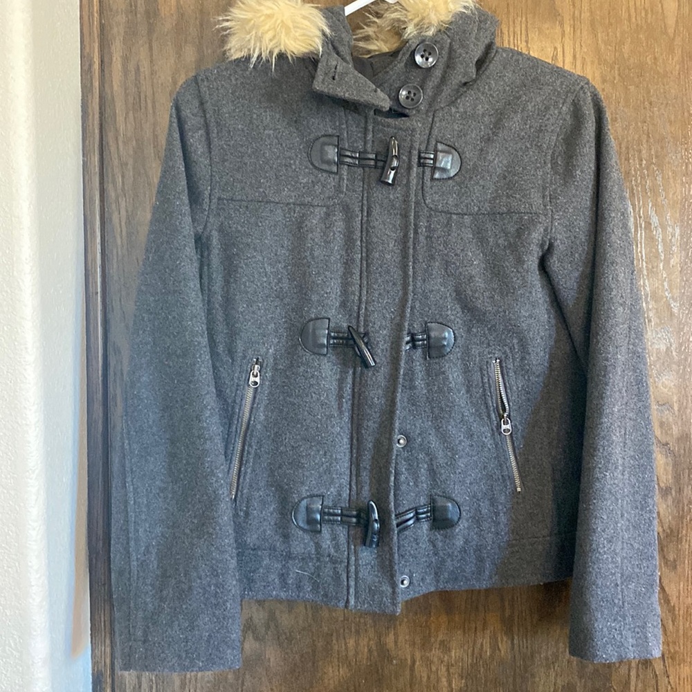 Wool blend GAP fur hood pea coat